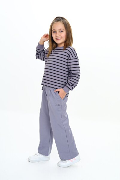 Toontoy طقم بناتي مكون من قطعتين: سترة مخططة بفتحة عنق دائرية وسروال واسع الس...