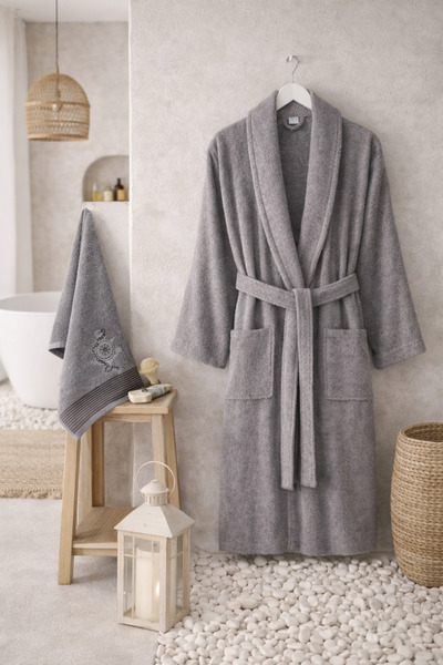 VALİOSA VALİDEZ Nerva Cotton Embroidered Shawl Collar Hair Towel Bathrobe Set