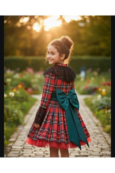 Gala Plaid Children's Dress with Lace Collar