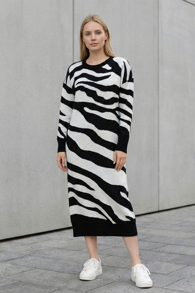 FERHEL Slit Zebra Patterned Knitwear Dress - Black