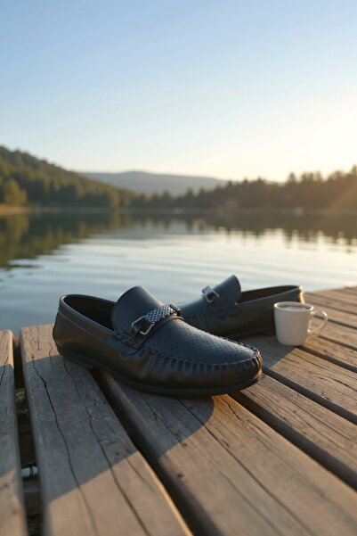 enoch Genuine Leather Black Laser Cut Buckle Men's Comfort Loafers
