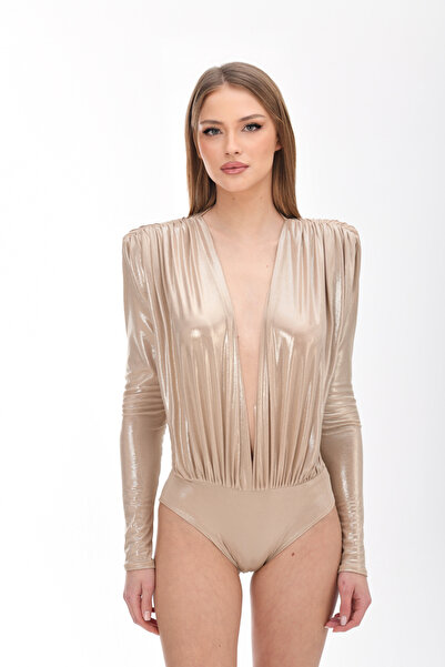 Gira official Light Gold Metalik Efektli Vatkalı Bodysuit