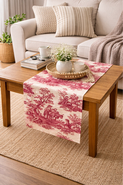 Elvya Toile de Jouy | %100 Pamuk Dekoratif Masa Runner 40x110 cm - ZT310