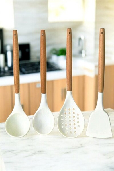 Lumindra طقم تقديم المطبخ مكون من 4 قطع بمقبض من الخيزران السيليكون باللون ال...