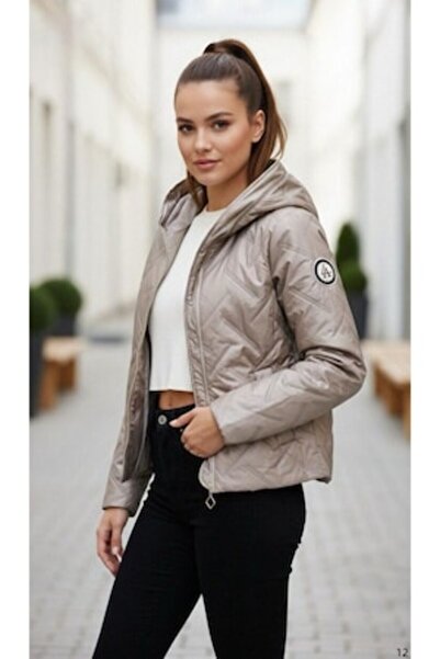 OEM Beige Padded Jacket with Hood and Geometric Texture, Size M