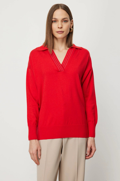 On Fashion Women's Chain Collar Polo Collar Red Sweater 66336