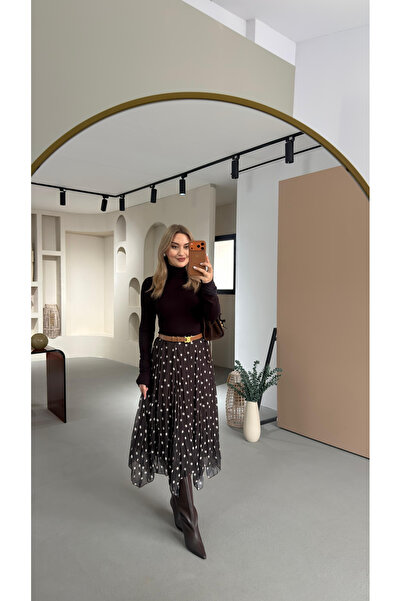 Sezgi Tekin Polka Dot Asymmetrical Brown Chiffon Skirt