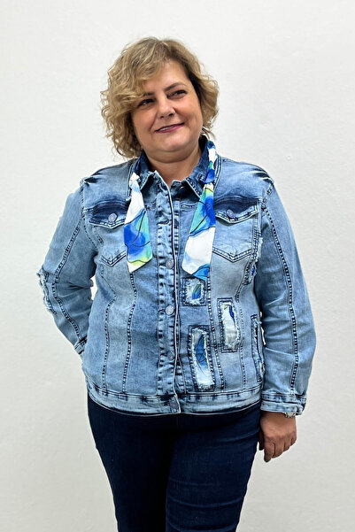 miabutik19 Women's Blue Scarf Detailed Full Stretch Denim Jacket