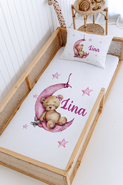 Lilabio %100 Pamuk İsme Özel Montessori Yatak Pike Seti 100x200 Pembe Aydaki ...