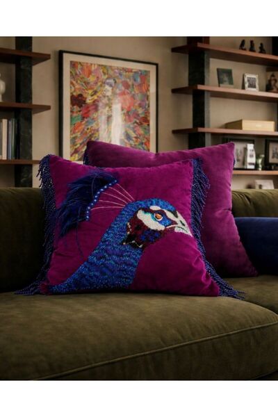 Vintage Home By Yelis Püsküllü/Tüylü Tavus Kuşu Dolgulu Kırlent 45*45 cm