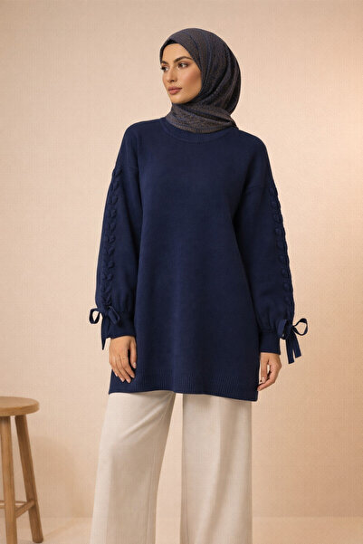 FERHEL Round Neck Knitwear Sweater with Knitted Sleeve Detail - Navy Blue