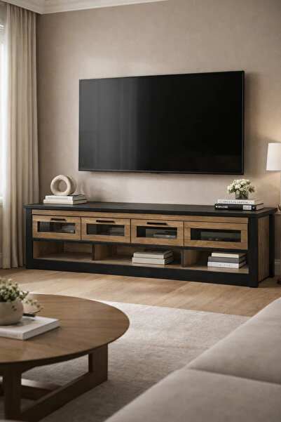 MARIA HOMES Walnut Oak TV Stand 200x40x50 cm Modern Wooden Plasma Table with ...