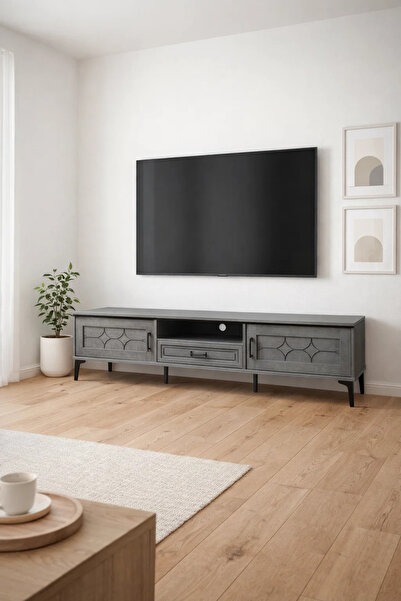 MARIA HOMES طاولة تلفزيون رمادية – 180×40×46 سم، طاولة بلازما عصرية مع خزائن ...