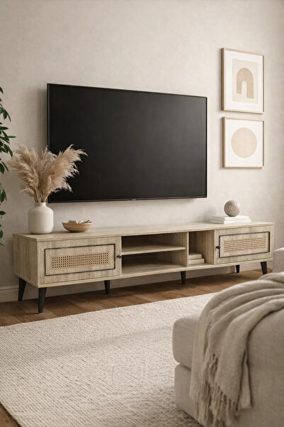 MARIA HOMES Modern Beige TV Unit with Rattan Doors, Long Entertainment Center...