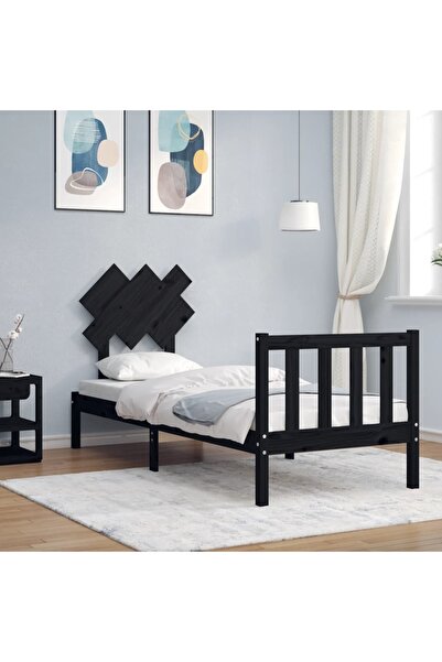 Concept Cadru de pat pentru o persoană de 60 cm cu tăblie, negru, lemn masiv