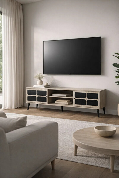 MARIA HOMES طاولة تلفزيون بيج وأسود – 180×40×45 سم، طاولة بلازما عصرية مع خزا...