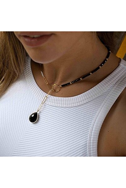Ezera Κολιέ με λωρίδα και μαύρη πέτρα δάκρυ όνυχα επιχρυσωμένο με χρυσό