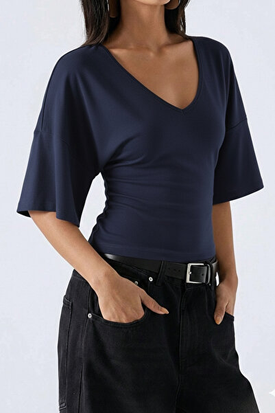 Tarz Cool Women's Navy Blue Bat Sleeve V-Neck Lycra Blouse & T-Shirt