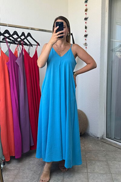 Mivida Rochie albastră maxi lungime cu curea reglabilă