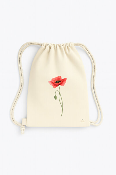hodie collection Minimal Poppy Printed Drawstring Raw Fabric Backpack – Natur...