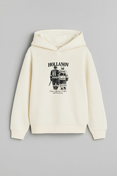 AYDESİGN Heated Rivalry İlya Rozanov 81 Design Printed Hooded Ecru Sweatshirt