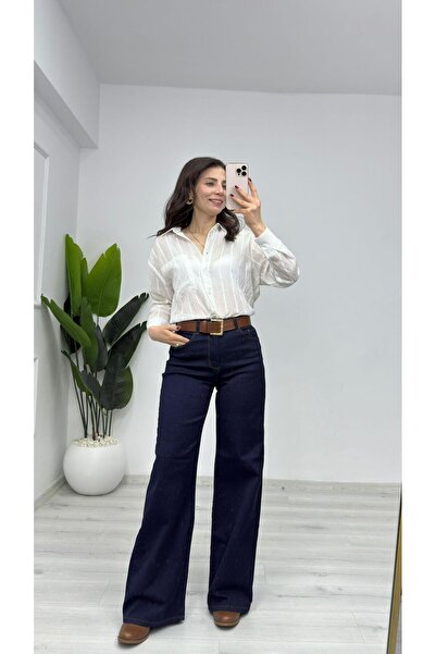 TUNAM BUTİK 333-0201 Palazzo Lycra Jeans Dark Navy Blue