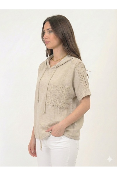 della moor Beige Italian Oversize Linen Blouse with Scalloped Sleeves and Sho...