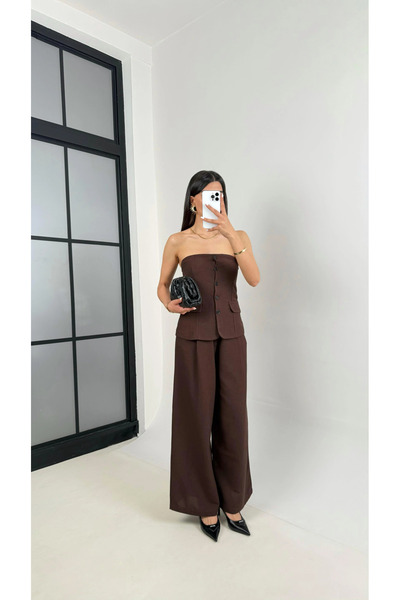 My Blog Brown Strapless Blouse Pants Set - 1404