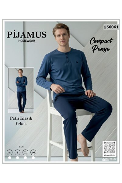 PİJAMUS Men's Buttoned Collar Classic Wide Fit Combed Cotton Pajama Set
