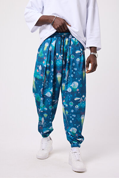 Superbluemexico Unisex Street Style Printed Wrinkled Sports Baggy Trousers