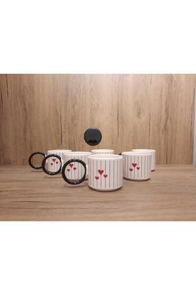 Keramika BÜYÜK HALKA KUPLU ÇAY FİNCANI 6 ADET KALP SEVGİLİLER GÜNÜ