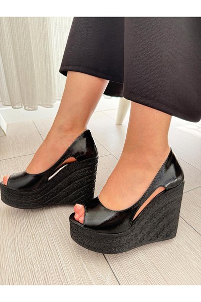 asmi shoes Women's Belon Black Wrinkled Patent Leather 11 cm Platform Wedge Heeled Shoes Black Patent Leather Wrinkled