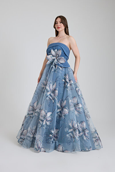 ROJBEY KADIN ABİYE STRAPLEZ DESENLİ TÜL ETEK DRAPELİ BÜSTİYER DETAYLI NİŞAN E...