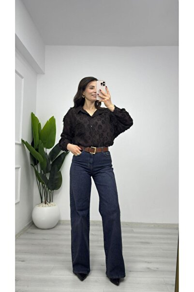 TUNAM BUTİK 8397 Patterned Bearded Transparent Shirt Brown