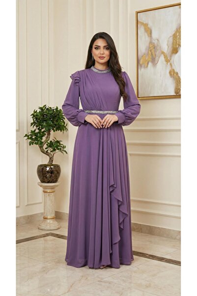 MİSS DİAMOND Elegant Stone Detailed Full Length Purple Hijab Dress