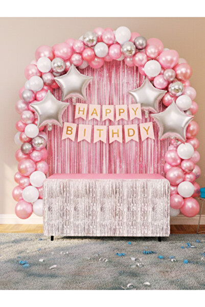 HAPPYLOOPPARTY Pembe Gümüş Doğum Günü Konsept Seti 40’lı Balon Kemeri Yıldız ...