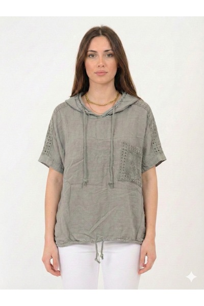 della moor Mink Italian Sleeve and Shoulder Scalloped Hooded Hem Tie-Up Overs...