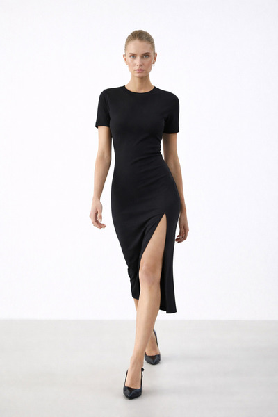 modavingo Women's Black Slit Side Gathered Short Sleeve Dress