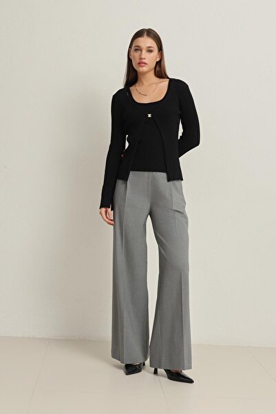 Setre Black Single Button Detailed Cardigan and Thick Strap Sleeveless Blouse...