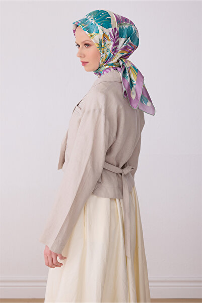 Belli Eșarfă din mătase twill 100% cu model floral multicolor turcoaz 4323-84