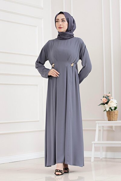 Sevitli Beli Buckle Detailed Hijab Dress - Gray