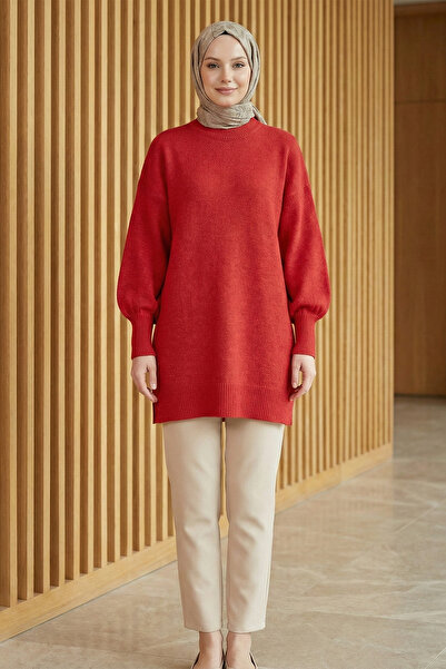 FERHEL Sweater Crew Neck Balloon Sleeve Loose Knitwear Tunic Sweater - Pomegr...