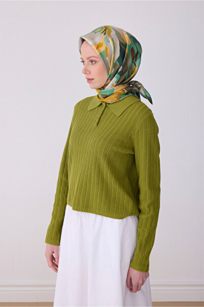 Belli Eșarfă verde măsliniu cu model floral multicolor 100% twill mătase 4315-04