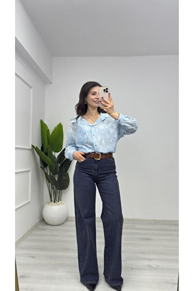 TUNAM BUTİK 8397 Patterned Bearded Transparent Shirt Blue