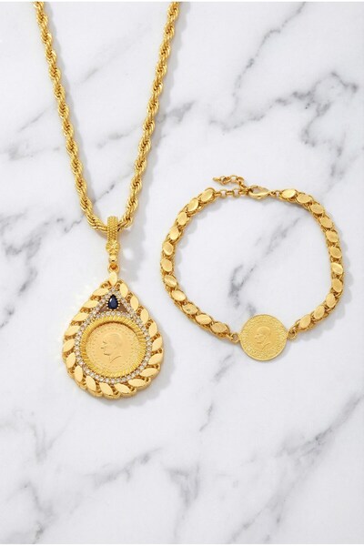 FerizZ Altın Kaplama Arpa Model Çeyrek Altınlı Kolye Ve Bileklik Kombin BND-121