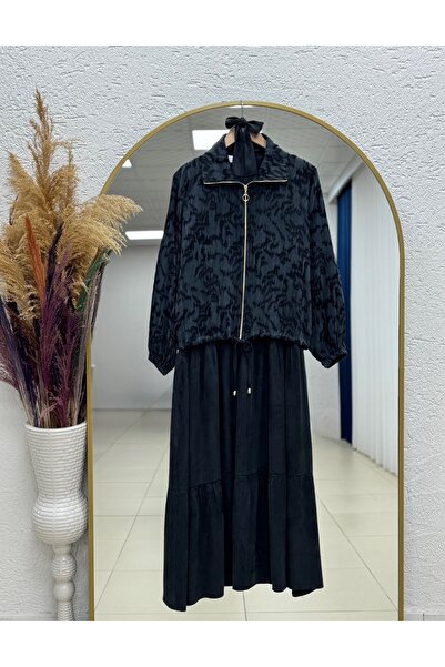 MİHRA STORE Ayşen Jacket Patterned Double Dress with Six Fasteners-Mf1795 Black