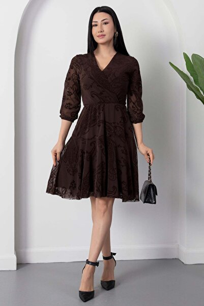 PULLIMM Double-Breasted Collar Long Flocked Printed Tulle Dress Dks1400