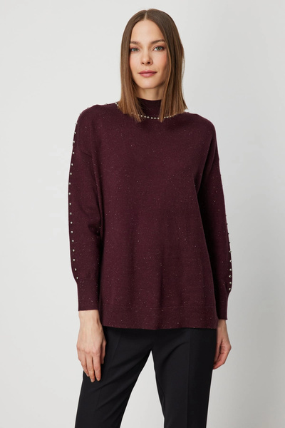 On Fashion Women's Staple Detailed Burgundy Sweater 60307