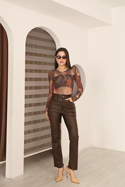 İgnites Brown Cut-Off Hem Waxed Boyfit Jeans