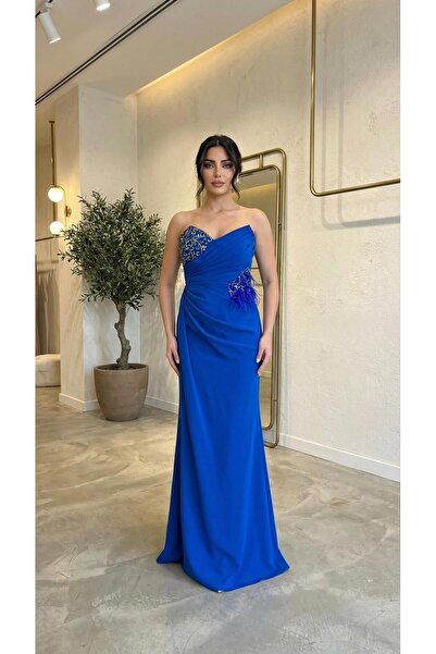 MİSS DİAMOND Blue Strapless Feather Detailed Embroidered Evening Dress